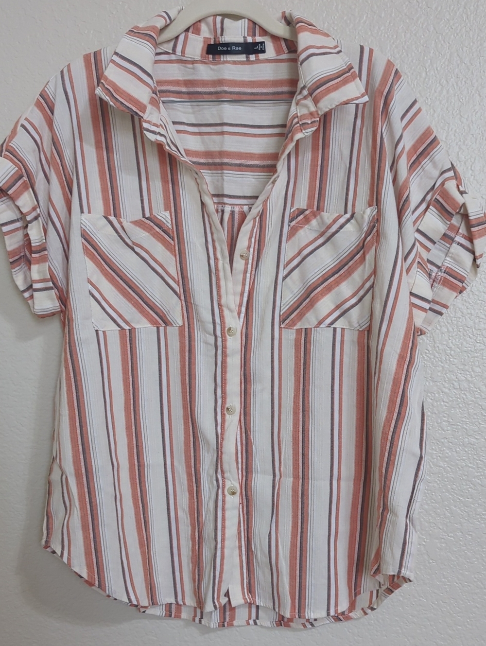 Doe & Rae Striped Short Sleeve Button-Down Shirt in Cream and Rust